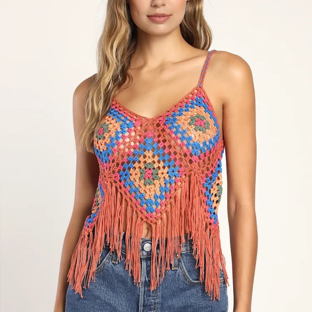 NWT Lulus Slay the Crochet Rust Multi Crochet Fringe Tank Top